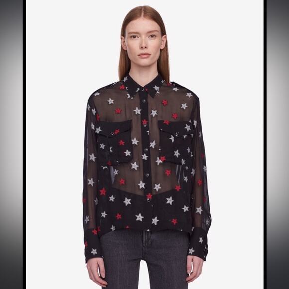 Rag & Bone Shirt Pearson Black Star Embroidered Silk Long Sleeve Button Up XS - Picture 1 of 6